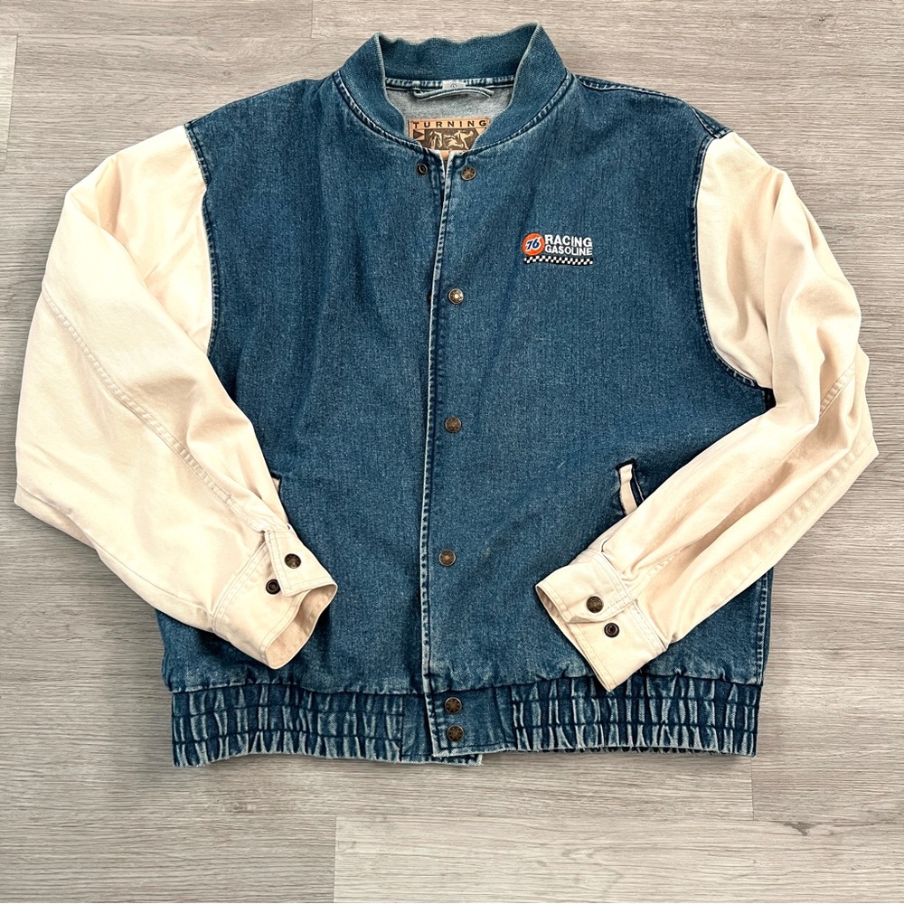TURNING POINT 76 RACING GASOLINE VINTAGE Denim Jacket CREAM Sleeves SIZE LARGE